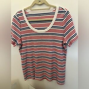 TALBOT’S WOMEN’S SIZE 1X RIBBED SCOOP NECK STRIPPED TEE. RED/WHITE/BLUE/BLACK